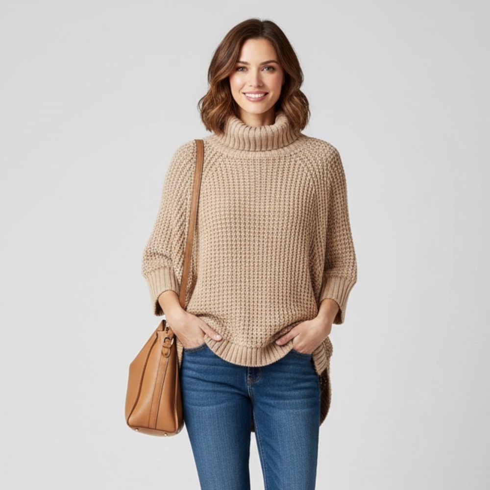 J. Crew Womens Poncho Sweater Gray Shortβ Sleeve Turtleneck Ribbed Trim XS
$138